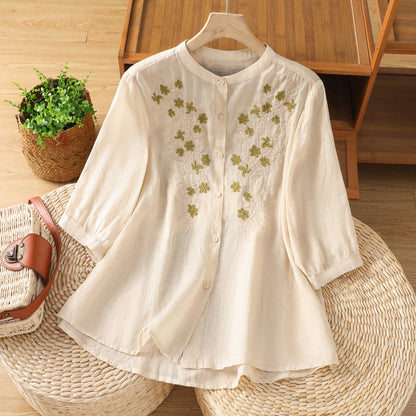 Women’s Cotton Embroidered Loose Shirt | Literary Retro Stand Collar Summer Top