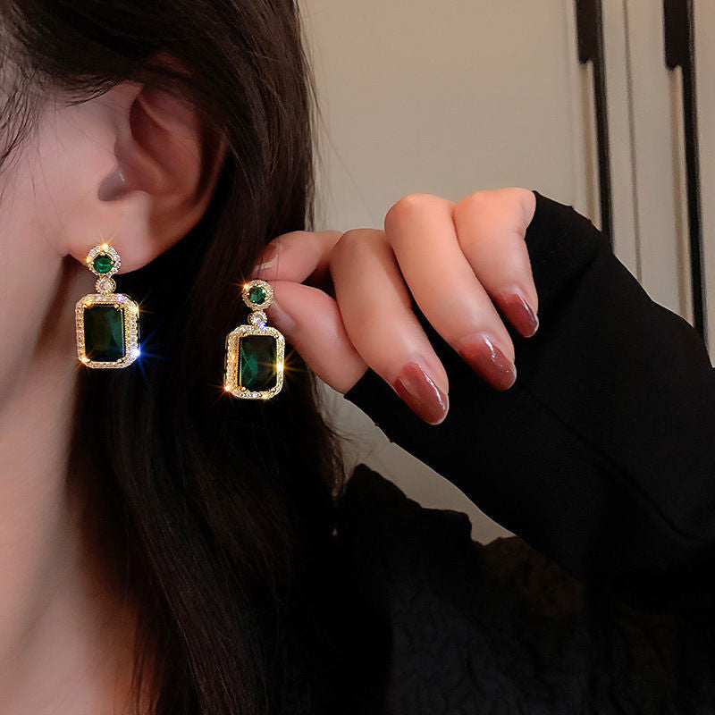 Emerald Necklace Jewelry Set Women Stainless Steel Chain Necklace Earrings Rings Set