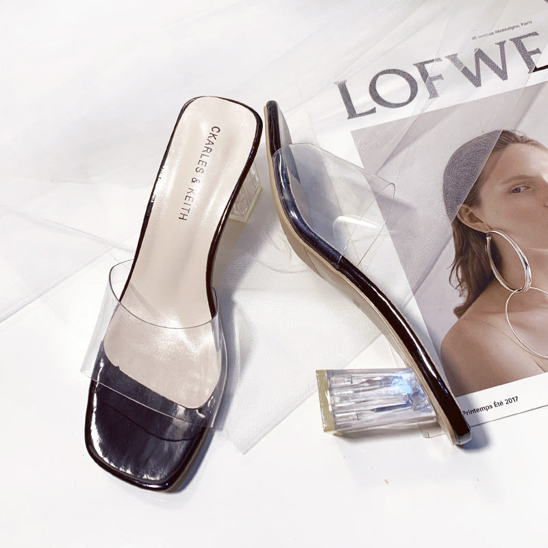 New Summer Chunky Heels Clear Crystal Slippers