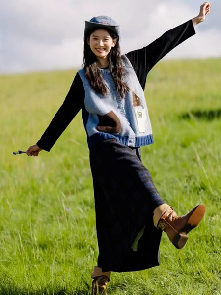French Retro Blue Cartoon Knit Cardigan for Women – Soft, Cozy & Chic Autumn Sweater