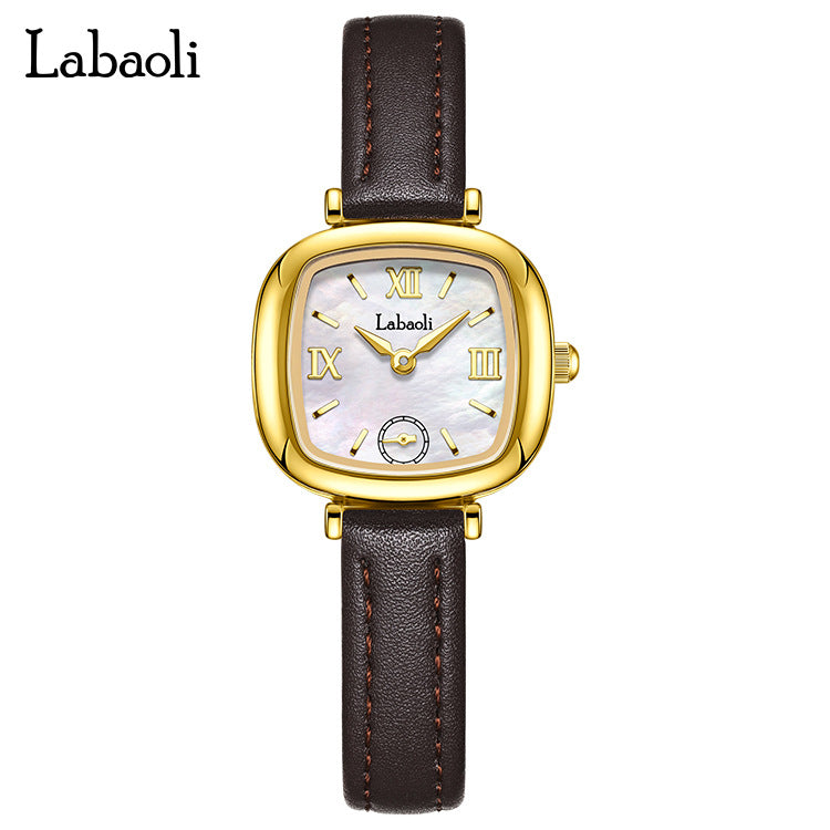 Laboli Golden Shell Women’s Square Quartz Watch – 30M Waterproof with Genuine Leather Strap