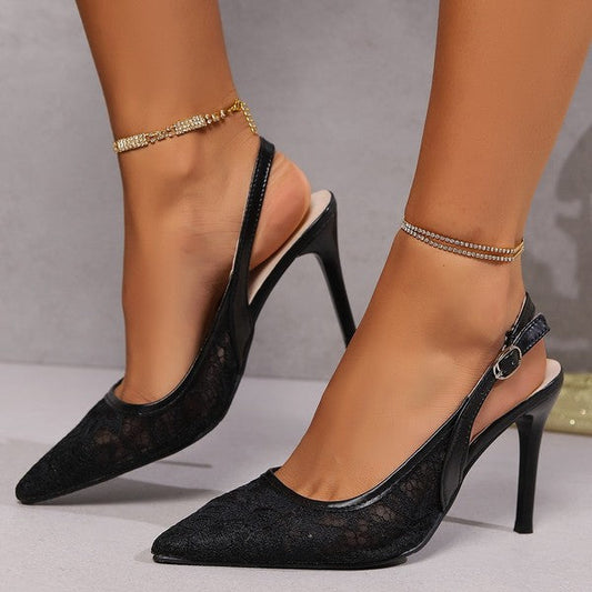 Pointy Toe Lace Summer Heels - Chic Black PU Sandals for Women