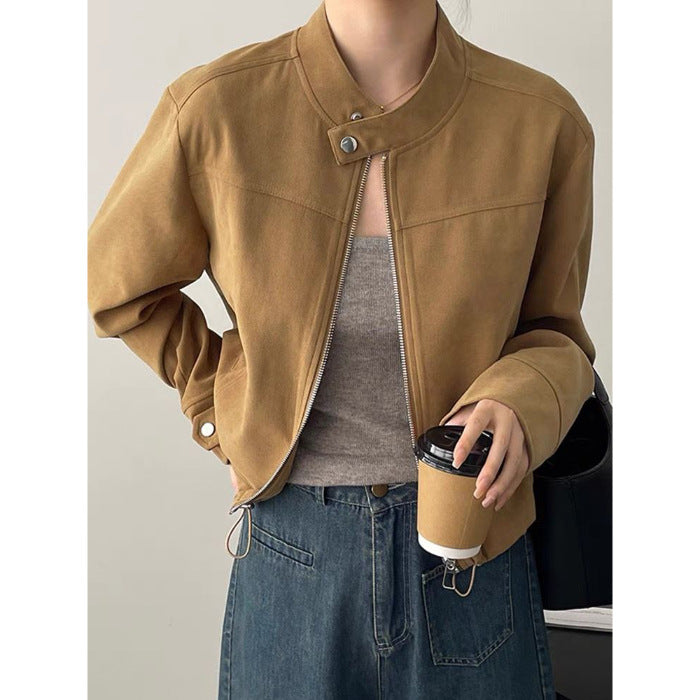 American Retro Stand-Collar Casual Biker Jacket, Chic Vintage BF-Style Outerwear