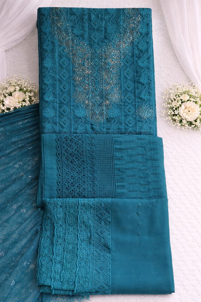 Beautiful Readymade Wet Lace Georgette Stone & Lace Work Three Piece collection