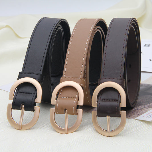 Women’s Korean Minimal PU Belt – Round Gold Buckle for Jeans, Dresses & Coats