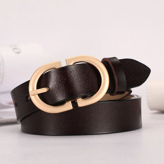 Women’s Korean Minimal PU Belt – Round Gold Buckle for Jeans, Dresses & Coats