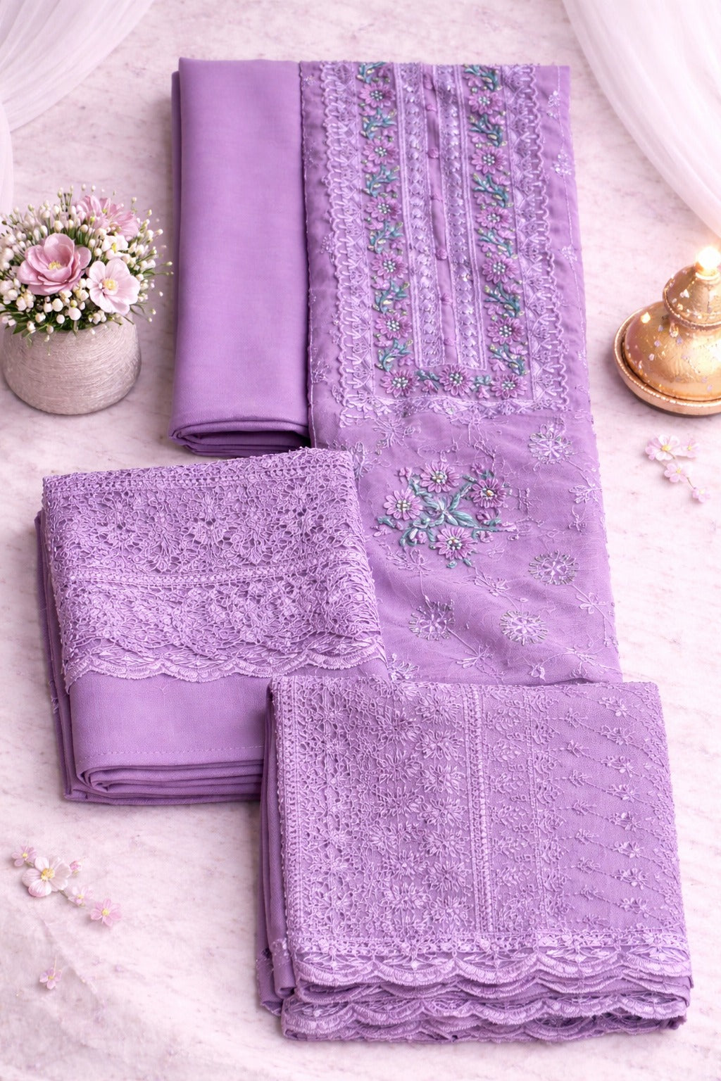 Beautiful Readymade Wet Lace Georgette Stone & Lace Work Three Piece collection