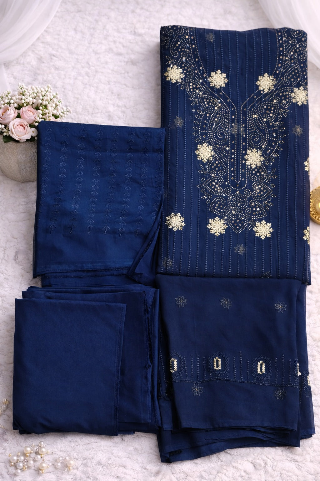 Beautiful Readymade Wet Lace Georgette Stone & Lace Work Three Piece collection