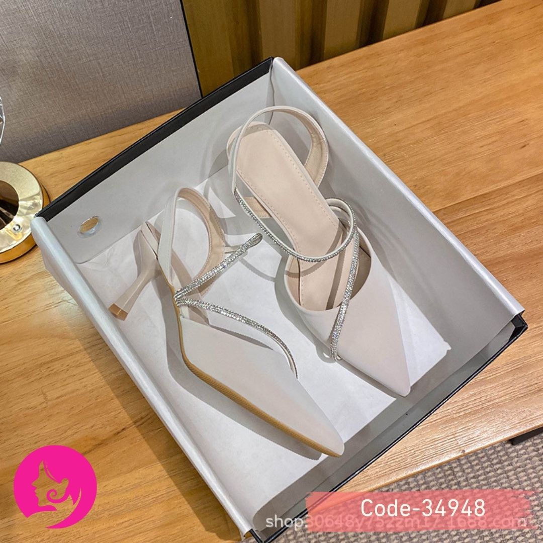 Elegant Women's Summer New Sexy Pointed Rhinestones Shallow Thick Heel Fashion Pointed Toe Sandals