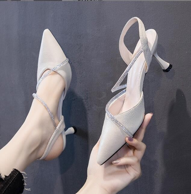 Elegant Women's Summer New Sexy Pointed Rhinestones Shallow Thick Heel Fashion Pointed Toe Sandals