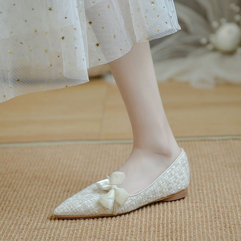 2025 Summer Vacation Bow Detail Flat Shoes White Color Slip-on Ballet Shoes Summer Beach Shoes Business Breathable Flat Shoes