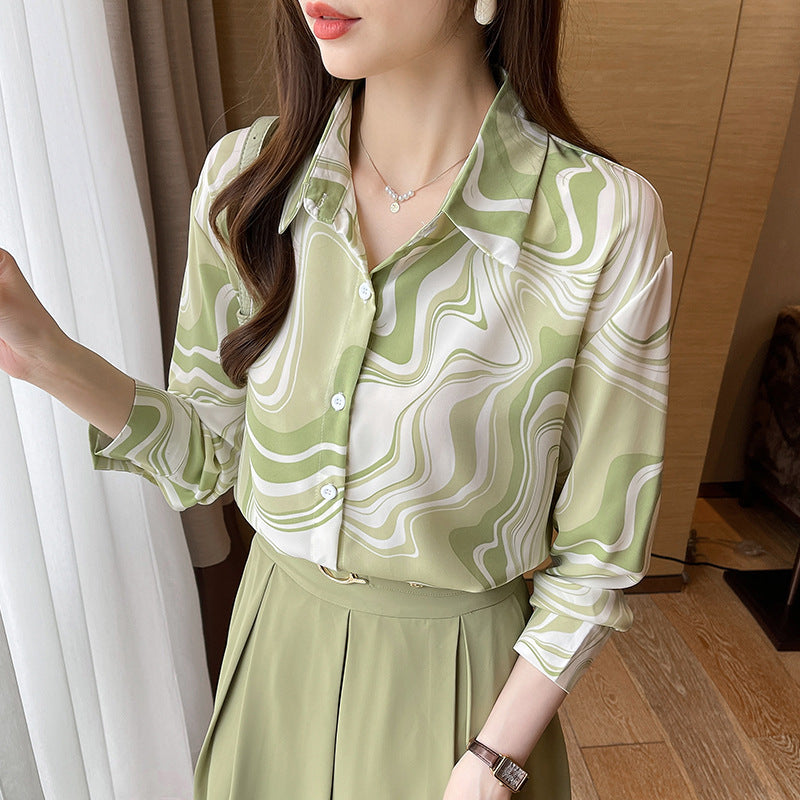 Women’s Loose Chiffon Shirt – Green Stripe French Vintage Button Blouse