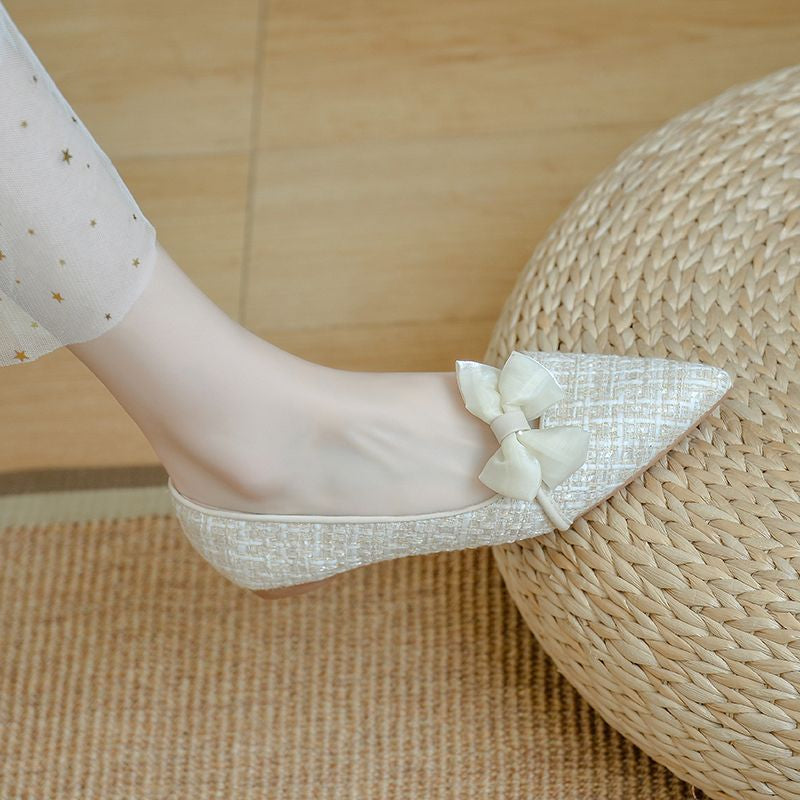 2025 Summer Vacation Bow Detail Flat Shoes White Color Slip-on Ballet Shoes Summer Beach Shoes Business Breathable Flat Shoes