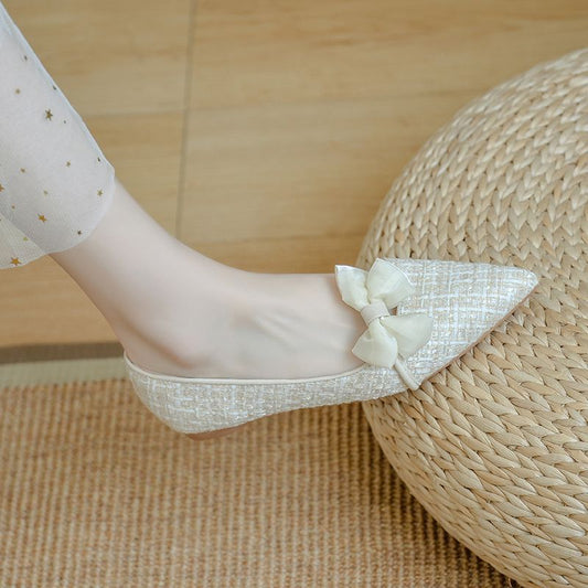 2025 Summer Vacation Bow Detail Flat Shoes White Color Slip-on Ballet Shoes Summer Beach Shoes Business Breathable Flat Shoes