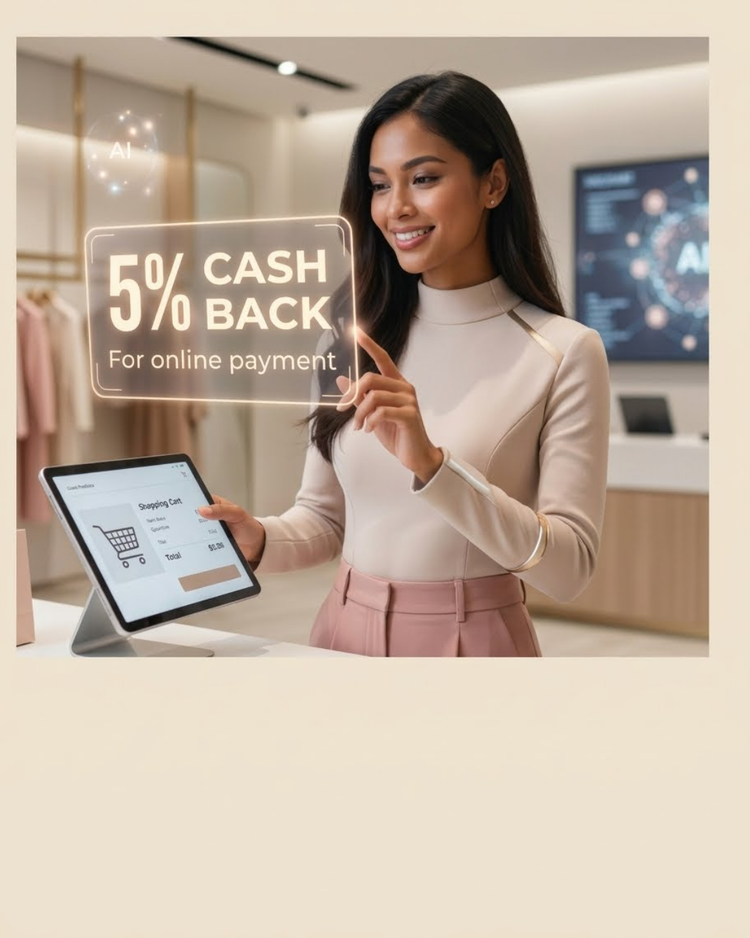 Smiling woman paying online at a tablet with a 5% cash back sign