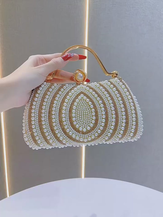 Women's Luxury Shoulder Bag Quilted Chain Shell Pearl Diamond Design Polyester Lining Mini Clutch Evening Bags Wedding Handbags