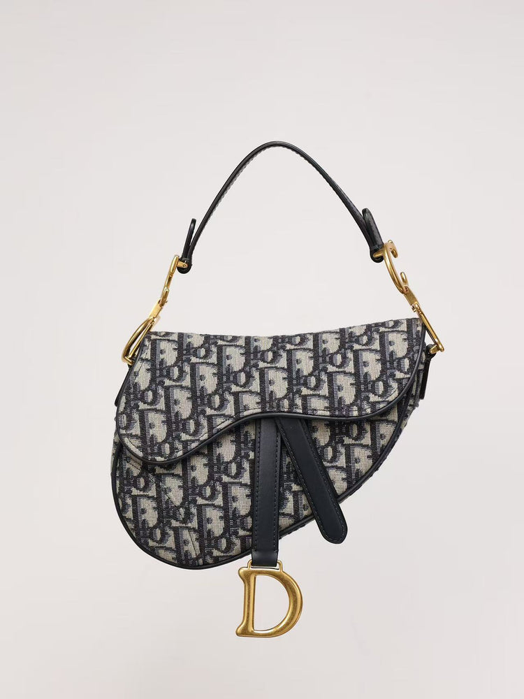 Premium Beige & Black Patterned Saddle Bag with Gold-Tone Details