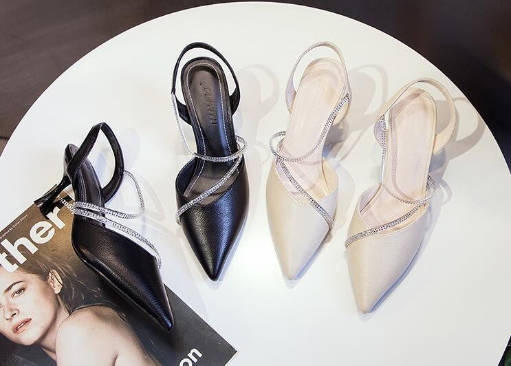 Elegant Women's Summer New Sexy Pointed Rhinestones Shallow Thick Heel Fashion Pointed Toe Sandals