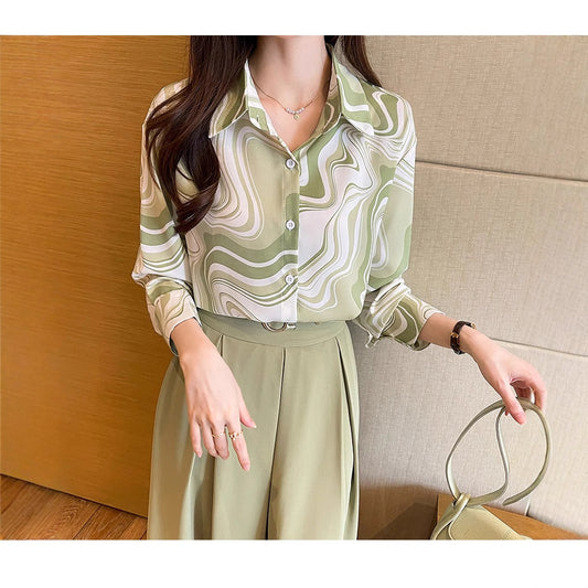 Women’s Loose Chiffon Shirt – Green Stripe French Vintage Button Blouse